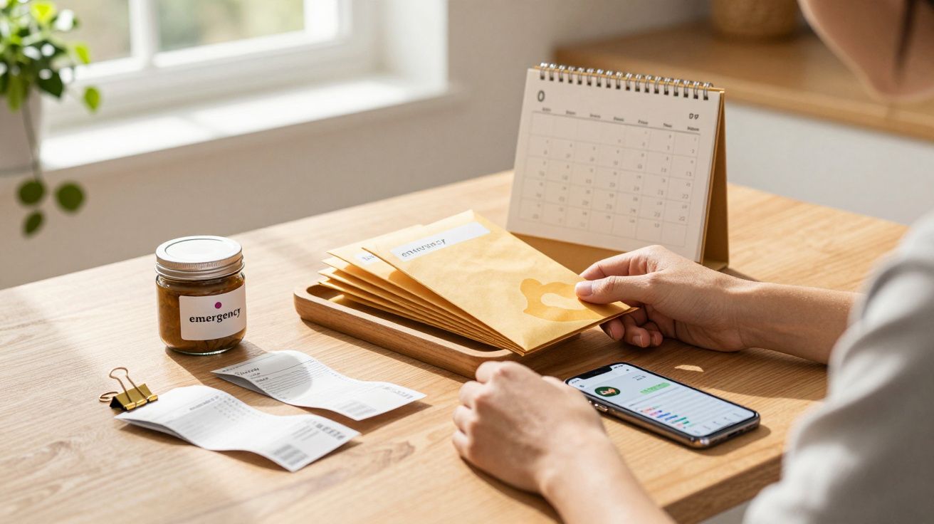 Pessoa organizando envelopes e recibos numa mesa, com um calendário e um telemóvel ao lado.