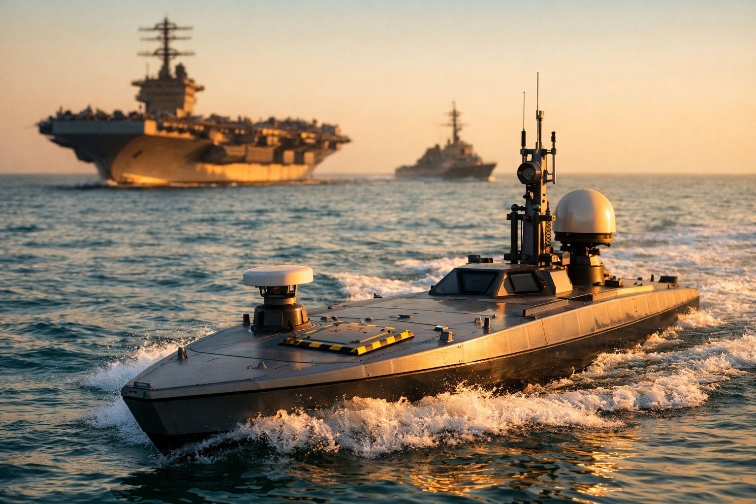 Soldado aponta para aviões num porta-aviões no mar, ao pôr do sol, com navios ao fundo.