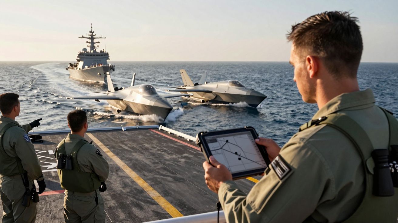Militares observam dois aviões em porta-aviões, enquanto navio de guerra navega ao fundo em mar calmo.