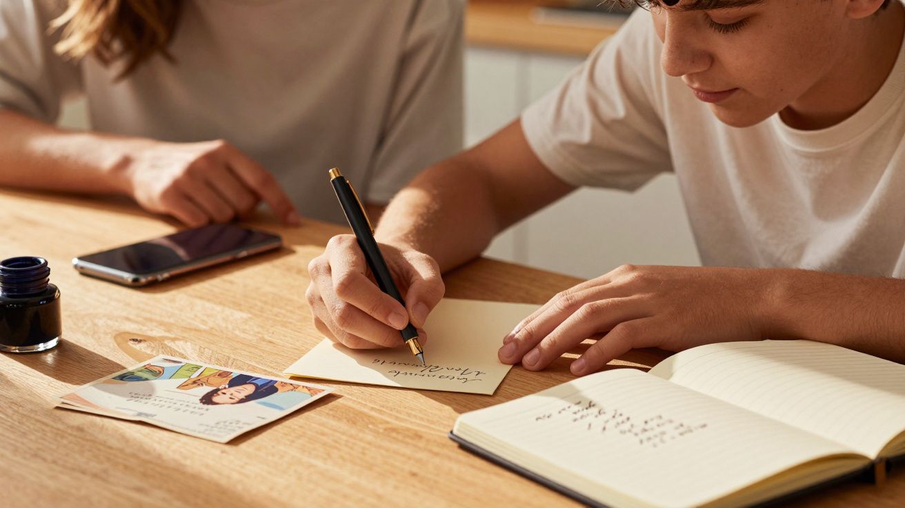 Jovem escreve numa folha ao lado de um caderno aberto, com uma caneta-tinteiro e um smartphone na mesa.