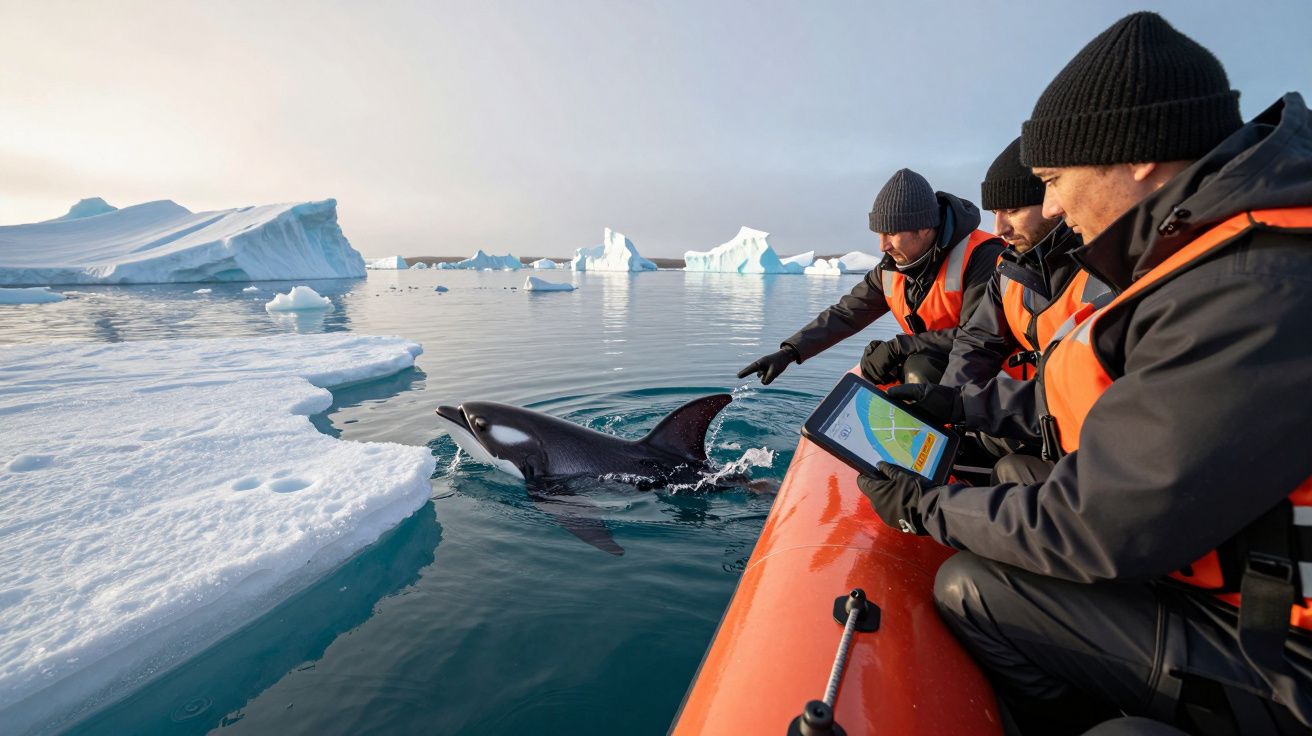 Três pessoas num barco observam uma orca emergindo entre gelos no mar ártico.