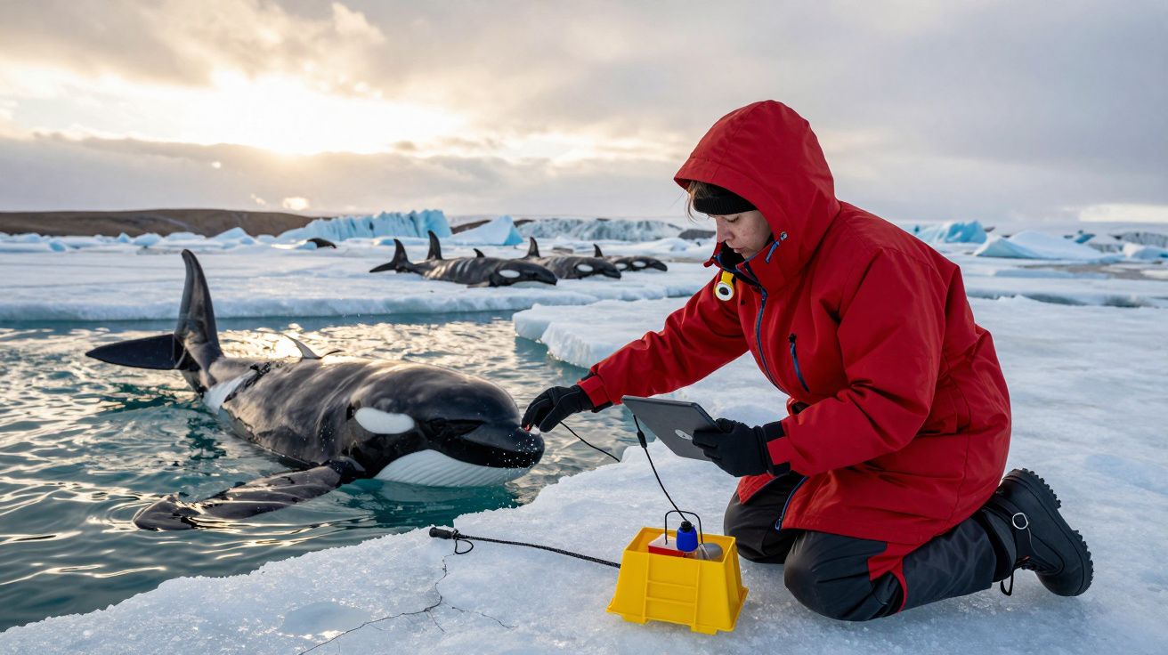 Investigadora de casaco vermelho interage com orca numa superfície de gelo, usando equipamento científico.