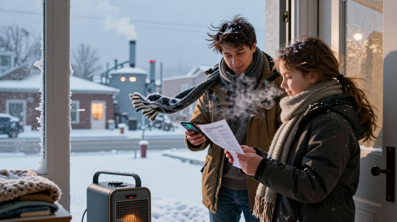 Jovens de cachecóis e casacos numa entrada de casa nevada, um lendo um papel e o outro segurando um telemóvel.