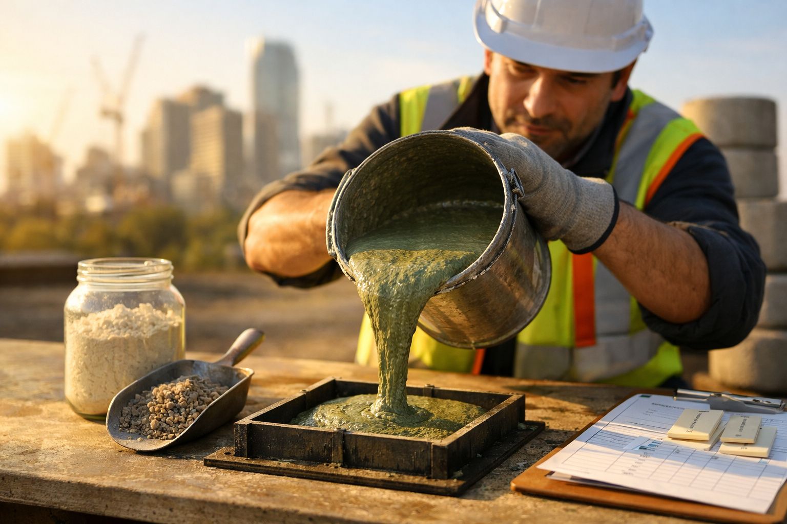 Trabalhador de colete reflectivo a verter cimento verde num molde de madeira num estaleiro de construção.