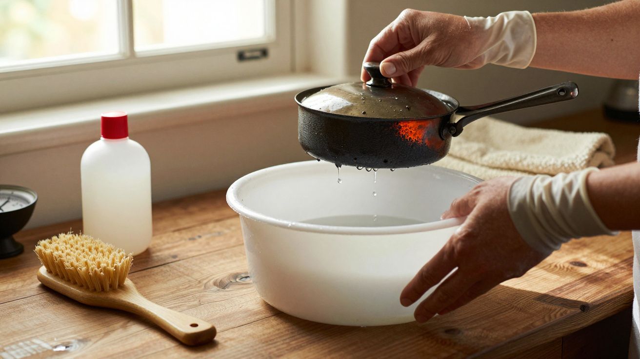 Pessoa lava uma pequena frigideira numa bacia de plástico com produtos de limpeza ao lado numa bancada de madeira.