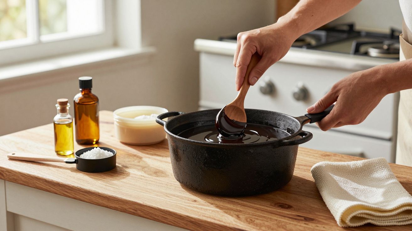 Pessoa misturando líquido escuro em panela preta com colher de madeira. Ingredientes variados ao lado na bancada.