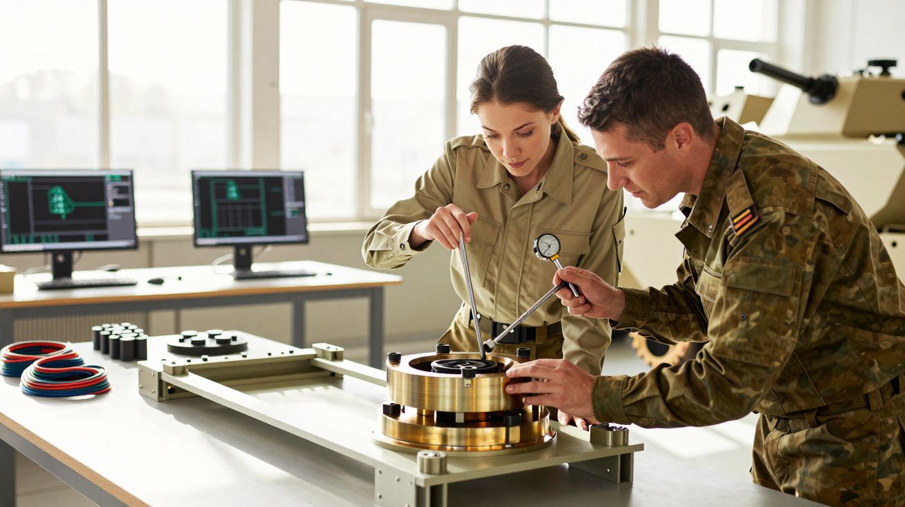 Dois técnicos militares analizam um componente mecânico, rodeados por equipamento técnico e computadores num laboratório.