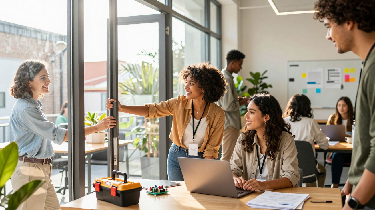 Equipa de jovens profissionais a colaborar num escritório moderno com grandes janelas e portáteis sobre a mesa.