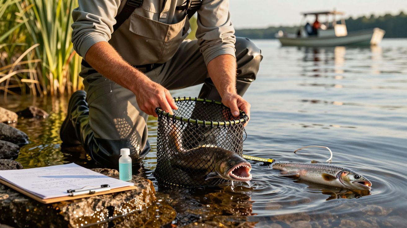 Homem ajoelhado à beira do lago segura rede com peixes, ao lado de uma prancha com papéis e um frasco pequeno.