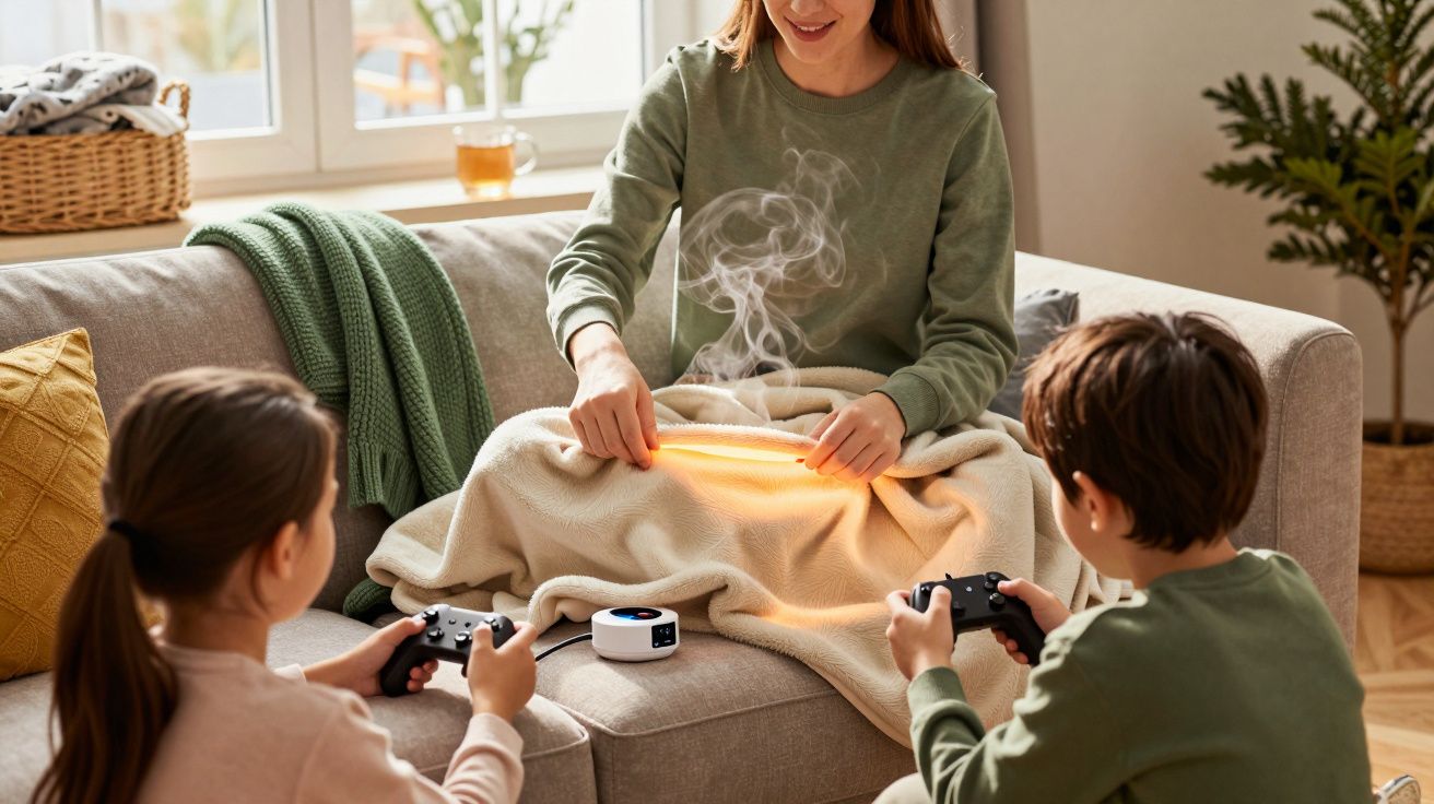 Mulher numa manta aquecida no sofá, com duas crianças a jogar videojogos ao lado.