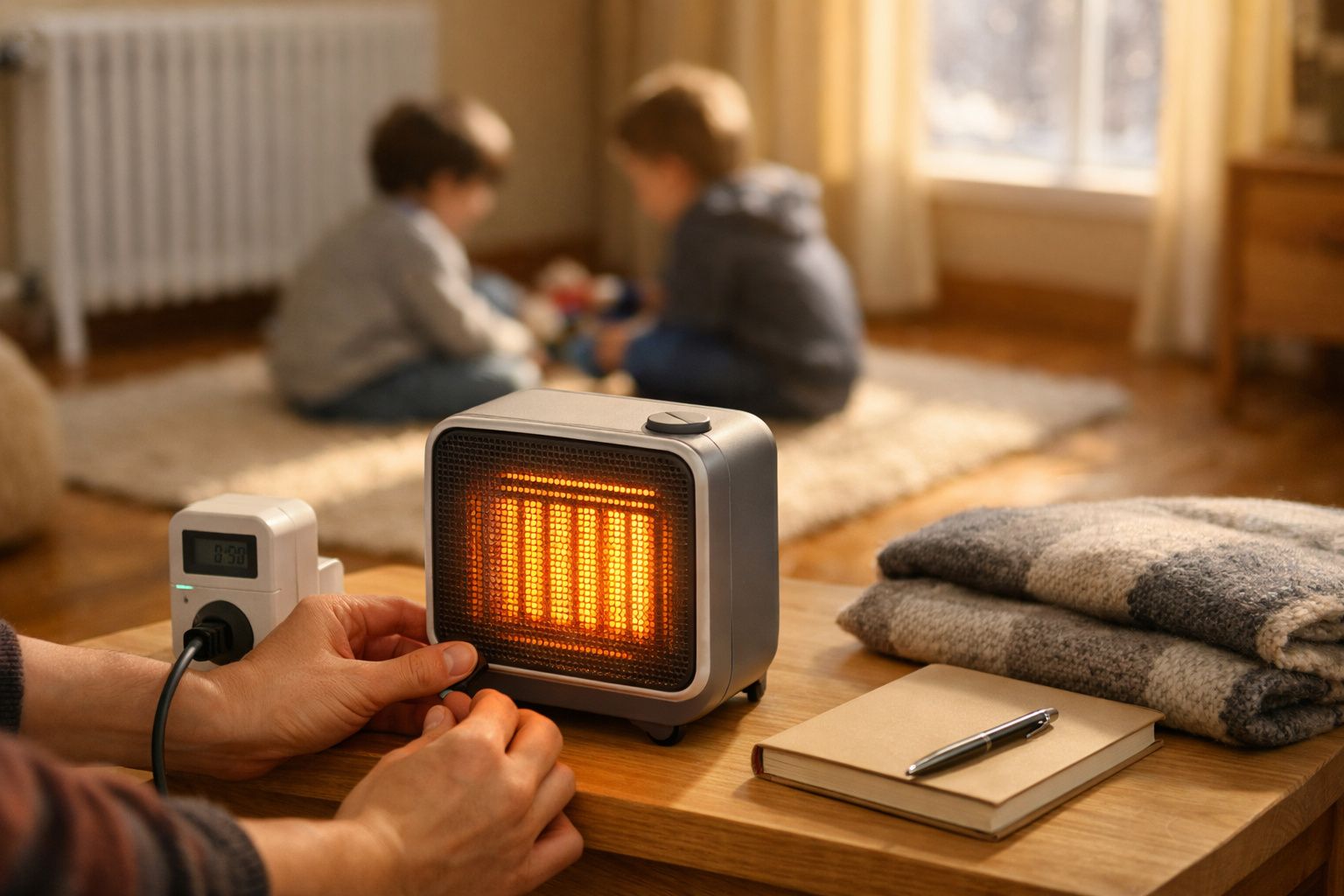 Pessoa ajustando aquecedor portátil enquanto duas crianças sorriem num sofá ao lado de uma chávena de chá.