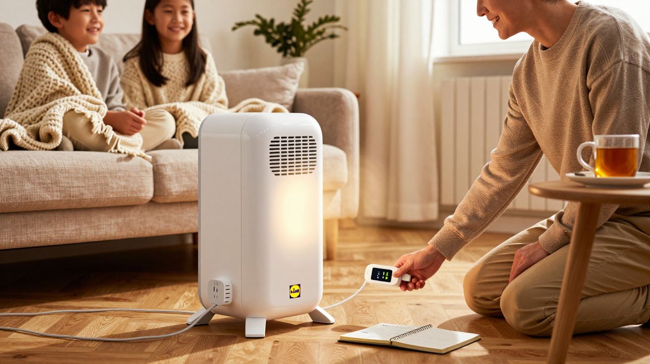 Homem ajusta aquecedor portátil no chão; crianças sentadas no sofá ao fundo, cobertas com mantas.