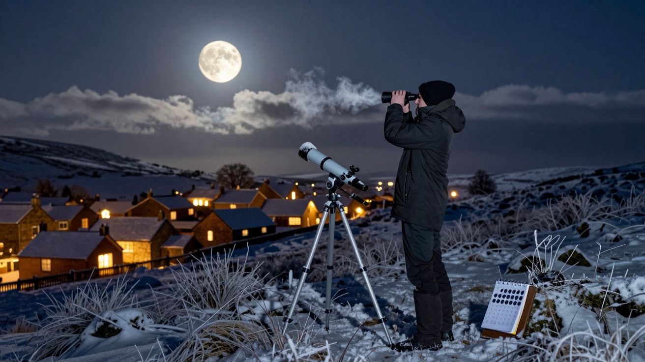 Pessoa observando a lua cheia com telescópio num campo nevado, perto de uma vila iluminada à noite.