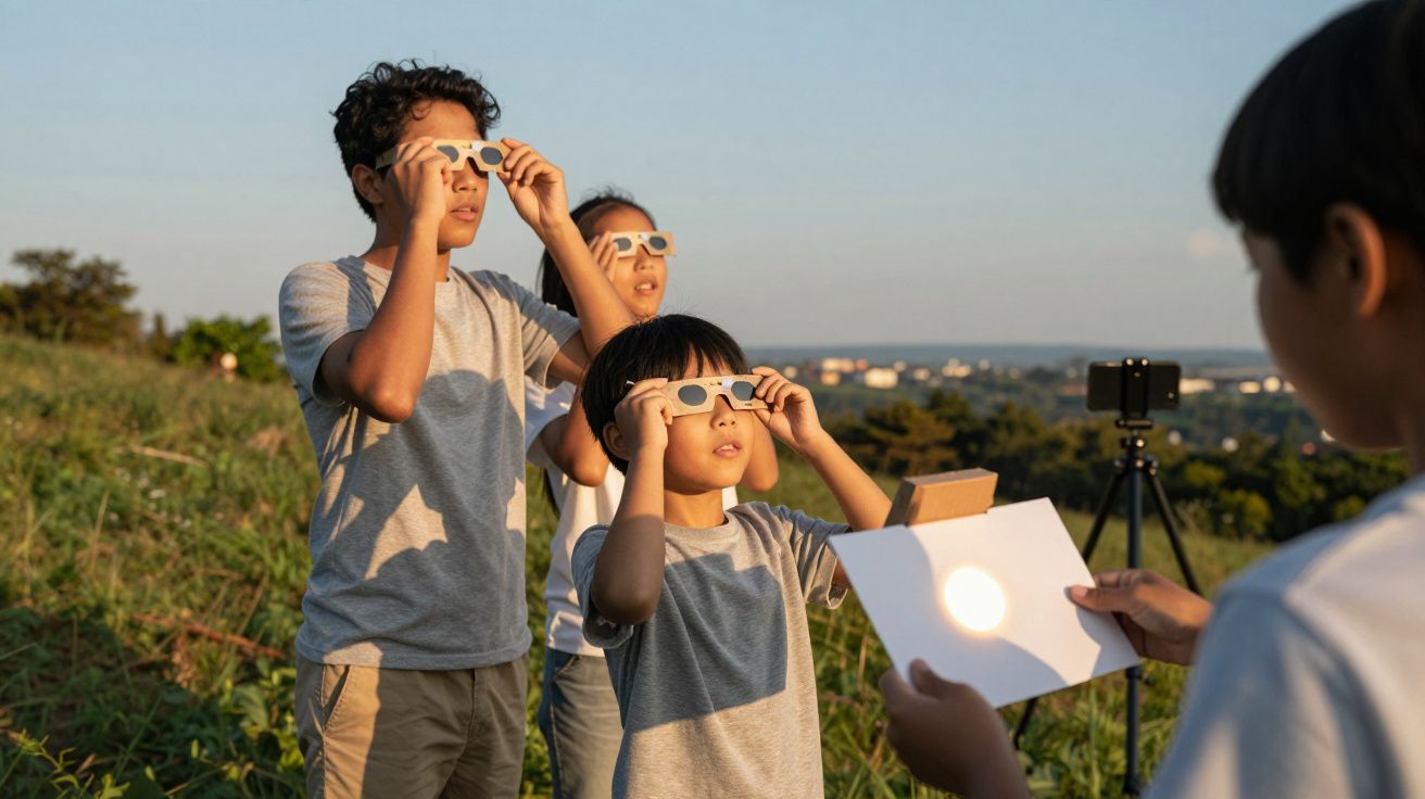 Crianças observam um eclipse solar usando óculos especiais e um projetor ao pôr do sol num campo verde.