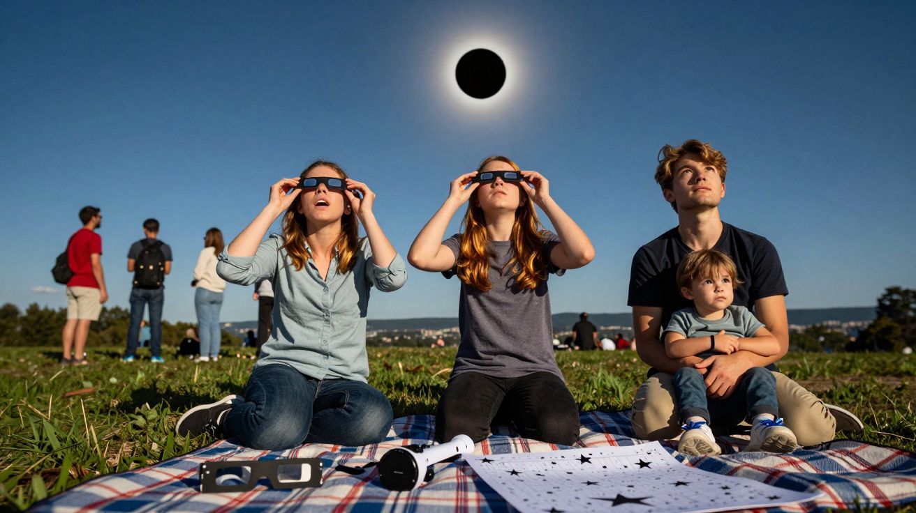 Pessoas observam um eclipse solar com óculos especiais num campo aberto, de dia, céu claro.