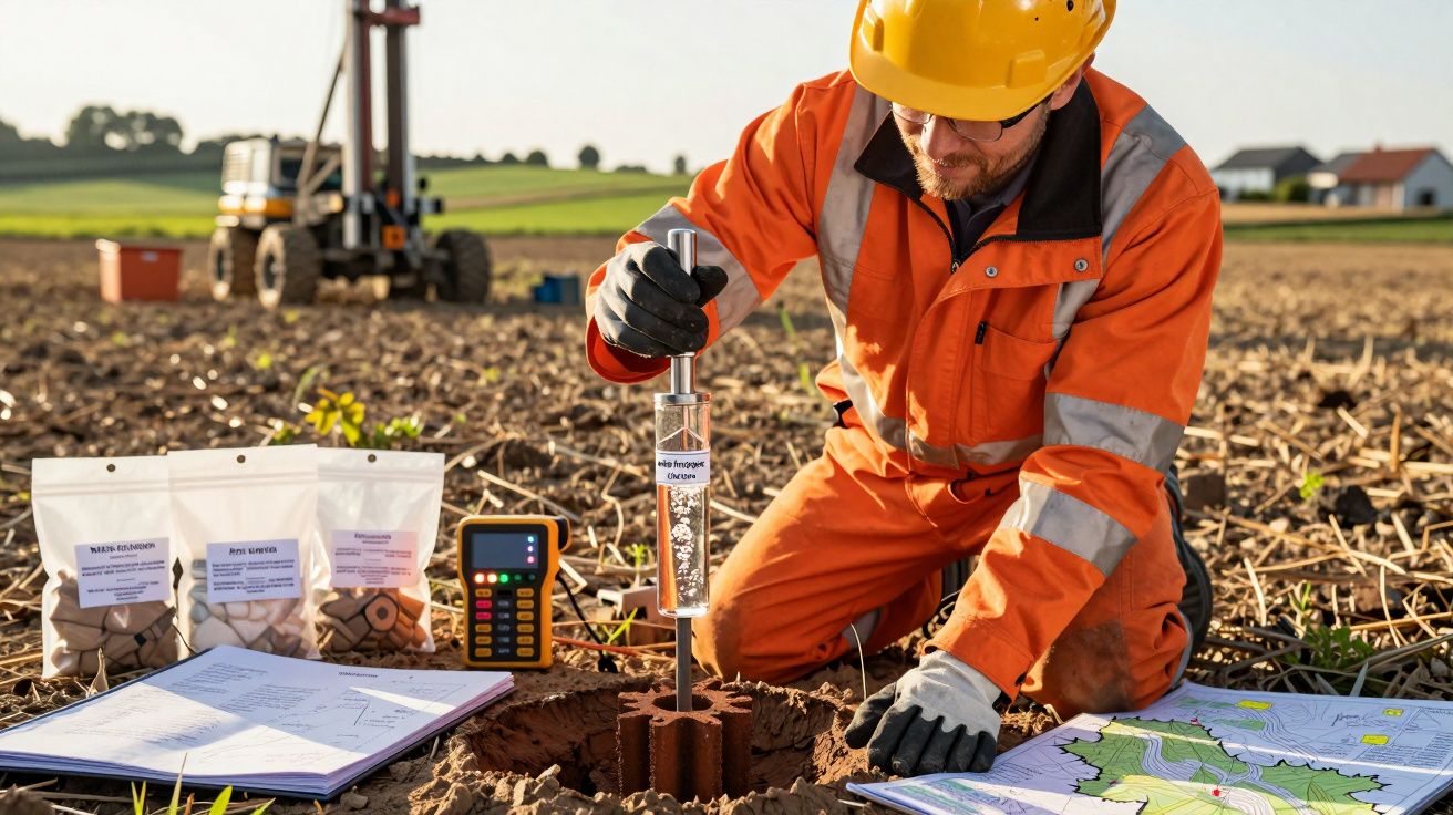 Homem de capacete e macacão laranja analisa amostra de solo num campo, com mapas e equipamento técnico ao lado.