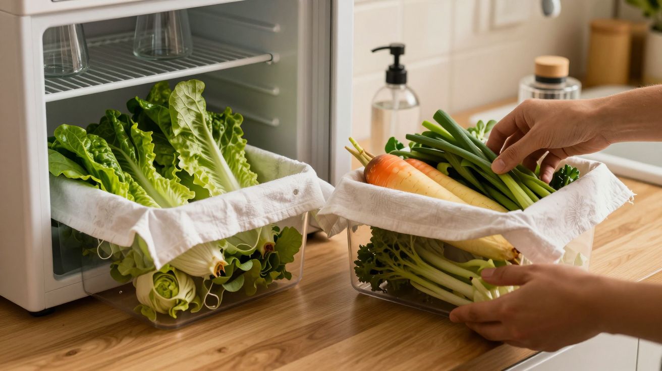 Mãos colocando legumes, incluindo cenouras e cebolas, num frigorífico aberto junto a alfaces em recipientes cobertos com pano