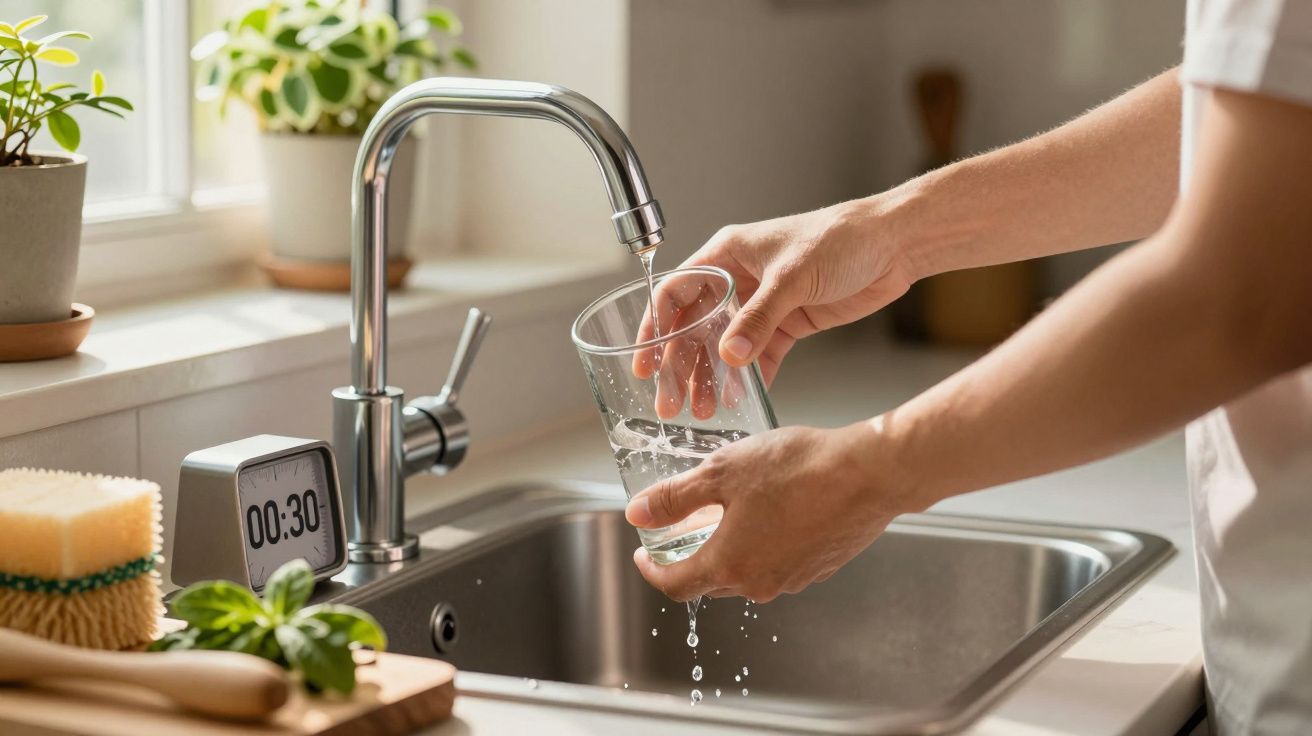 Pessoa a encher um copo de água numa torneira em cozinha, com relógio a marcar 30 segundos e plantas ao fundo.