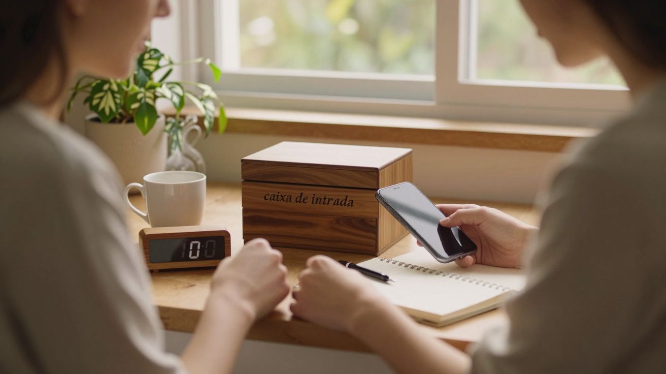 Duas pessoas à mesa, uma com smartphone e outra com bloco de notas. Caixa de entrada e relógio ao fundo.