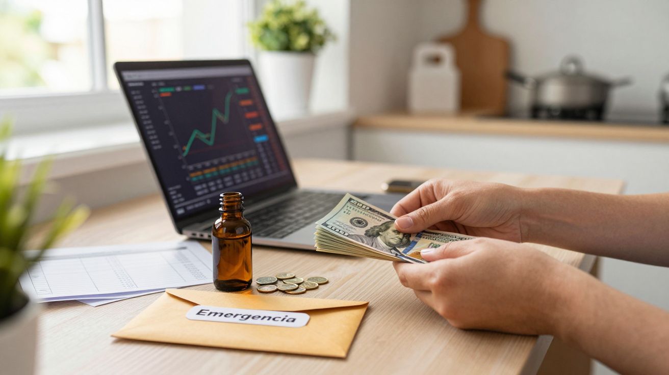 Pessoa contando dinheiro junto a um computador portátil com gráfico, envelope "Emergência", frasco de remédio e moedas.