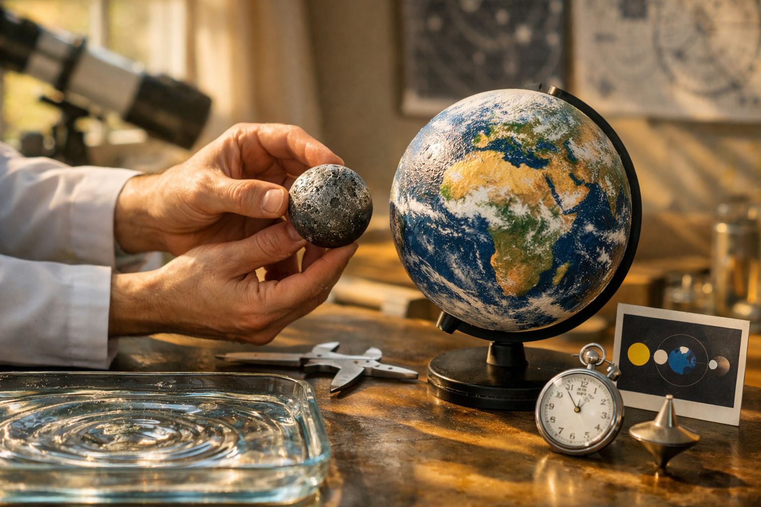 Mão segurando miniatura da Lua ligada à Terra sobre um tanque de água, criando ondas em torno de um globo terrestre.