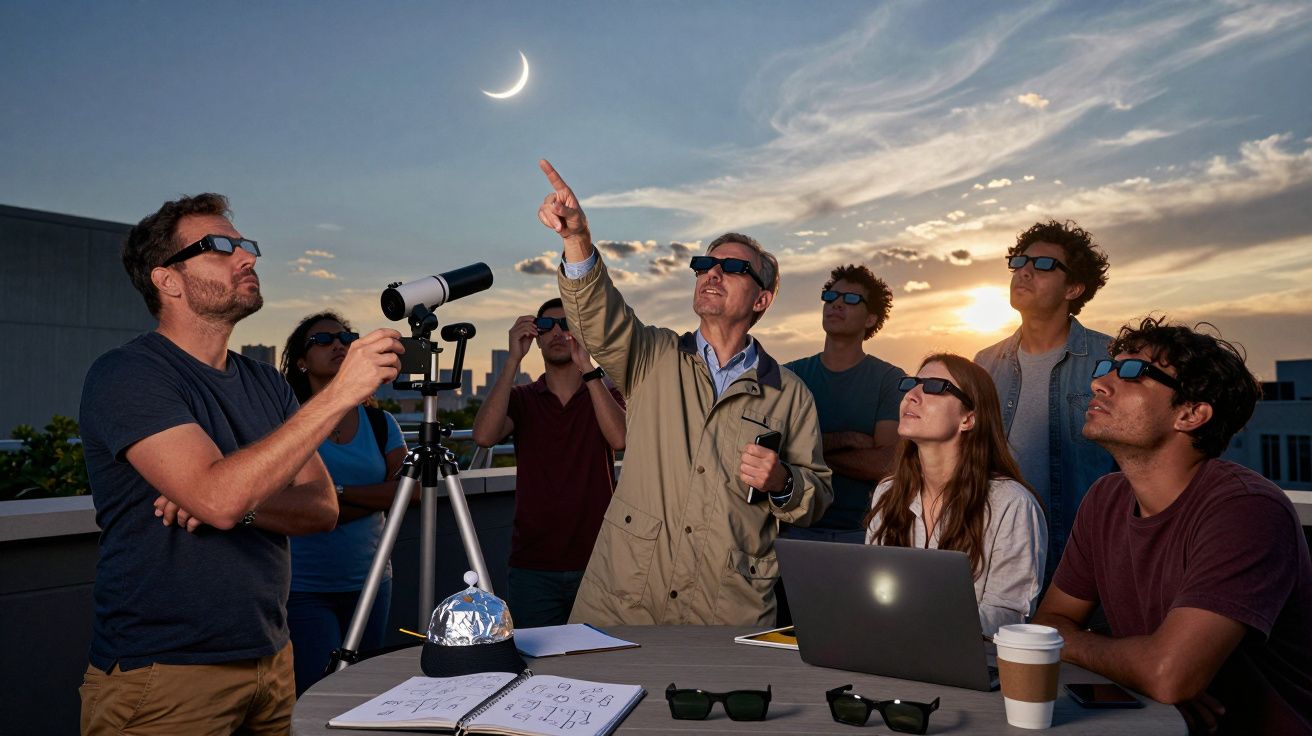 Grupo de pessoas usando óculos de proteção observa eclipse solar parcial com telescópio ao pôr do sol.