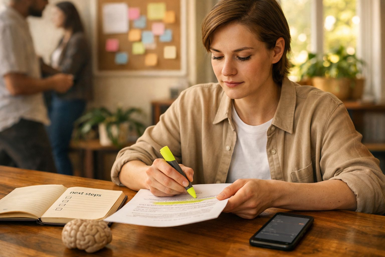 Mulher em escritório, segurando papéis e usando smartphone, laptop e fones na mesa. Notas coloridas na parede ao fundo.