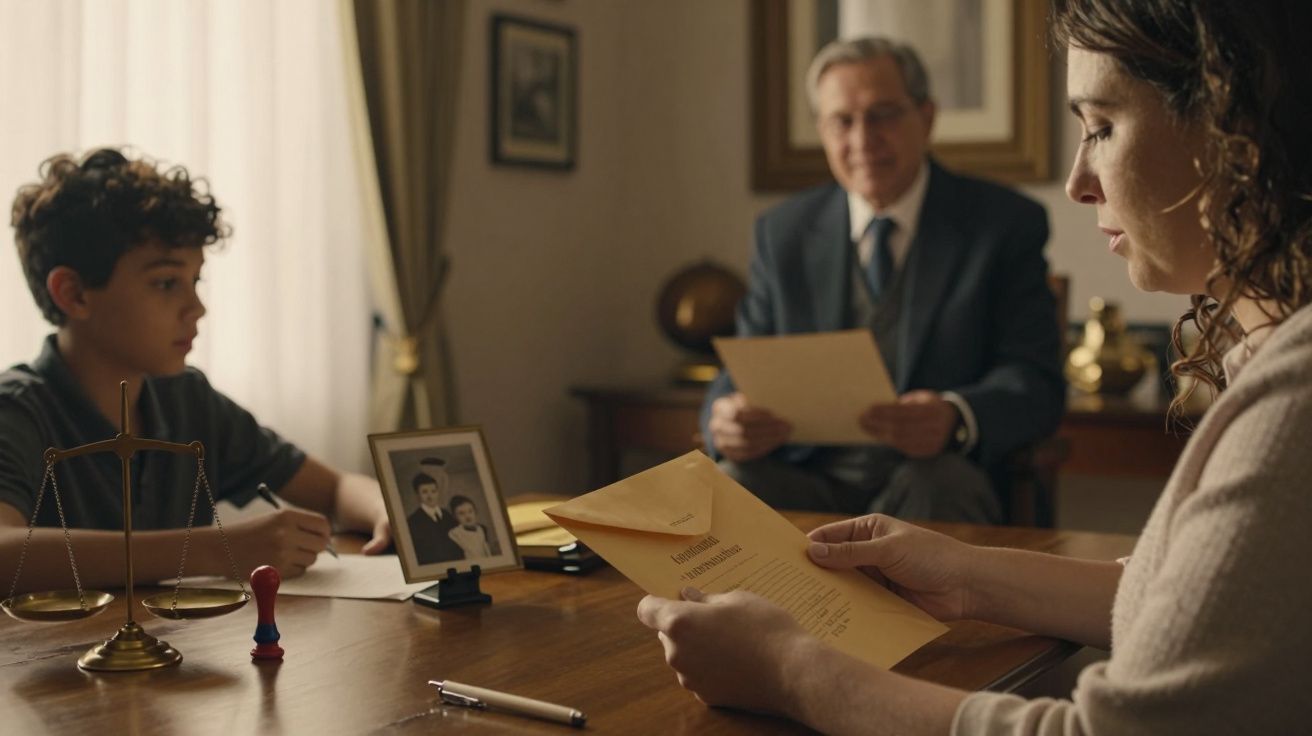 Mulher e rapaz sentados à mesa com envelopes, homem ao fundo. Balança e foto emoldurada na mesa. Ambiente formal.
