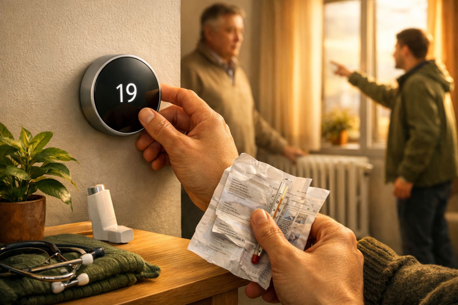 Mulher ajusta termóstato para 19°C numa sala acolhedora com chá e chave sobre a mesa.