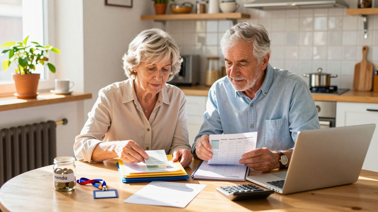 Casal de idosos sentado à mesa, analisando documentos e utilizando um portátil numa cozinha iluminada.