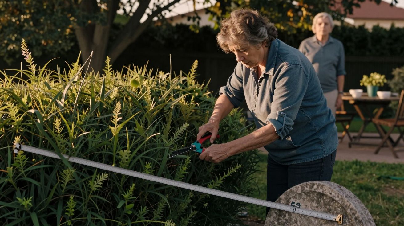 Mulher corta arbustos no jardim com tesoura; outra pessoa observa ao fundo.