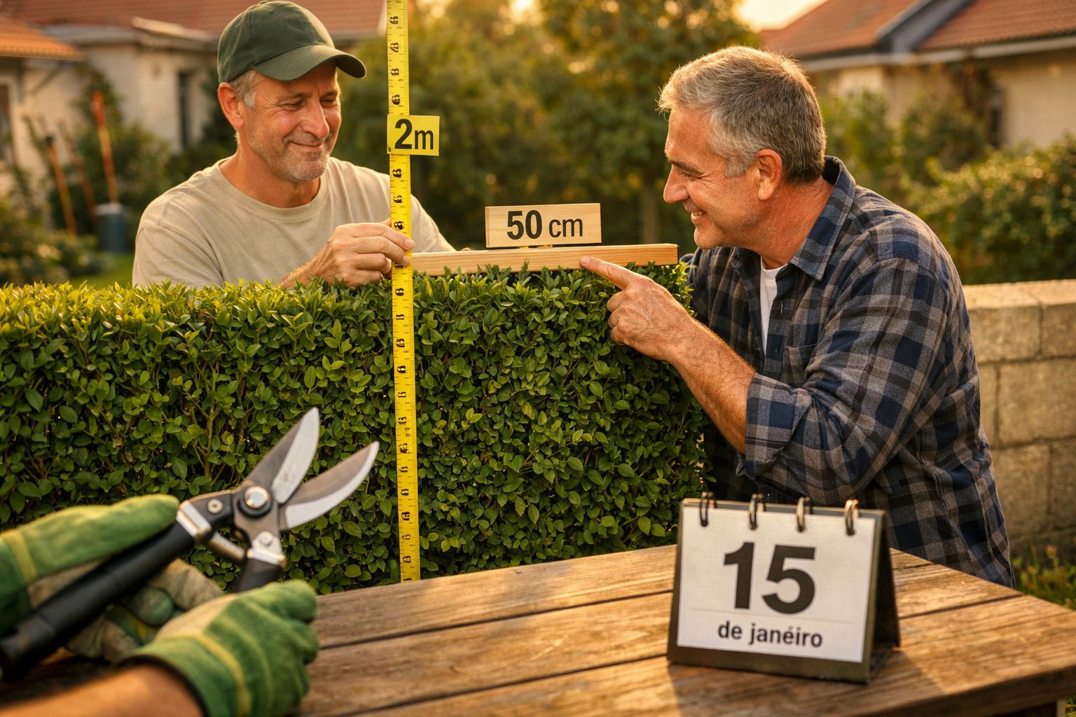 Mulher poda arbustos num jardim, enquanto um homem segura um saco branco do lado direito.
