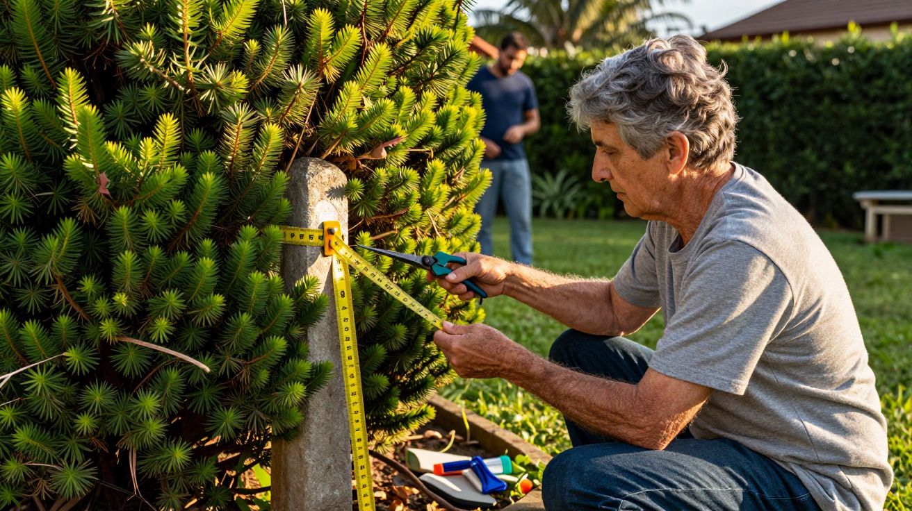 Homem idoso mede uma árvore no jardim com fita métrica e alicate. Outro homem está ao fundo.