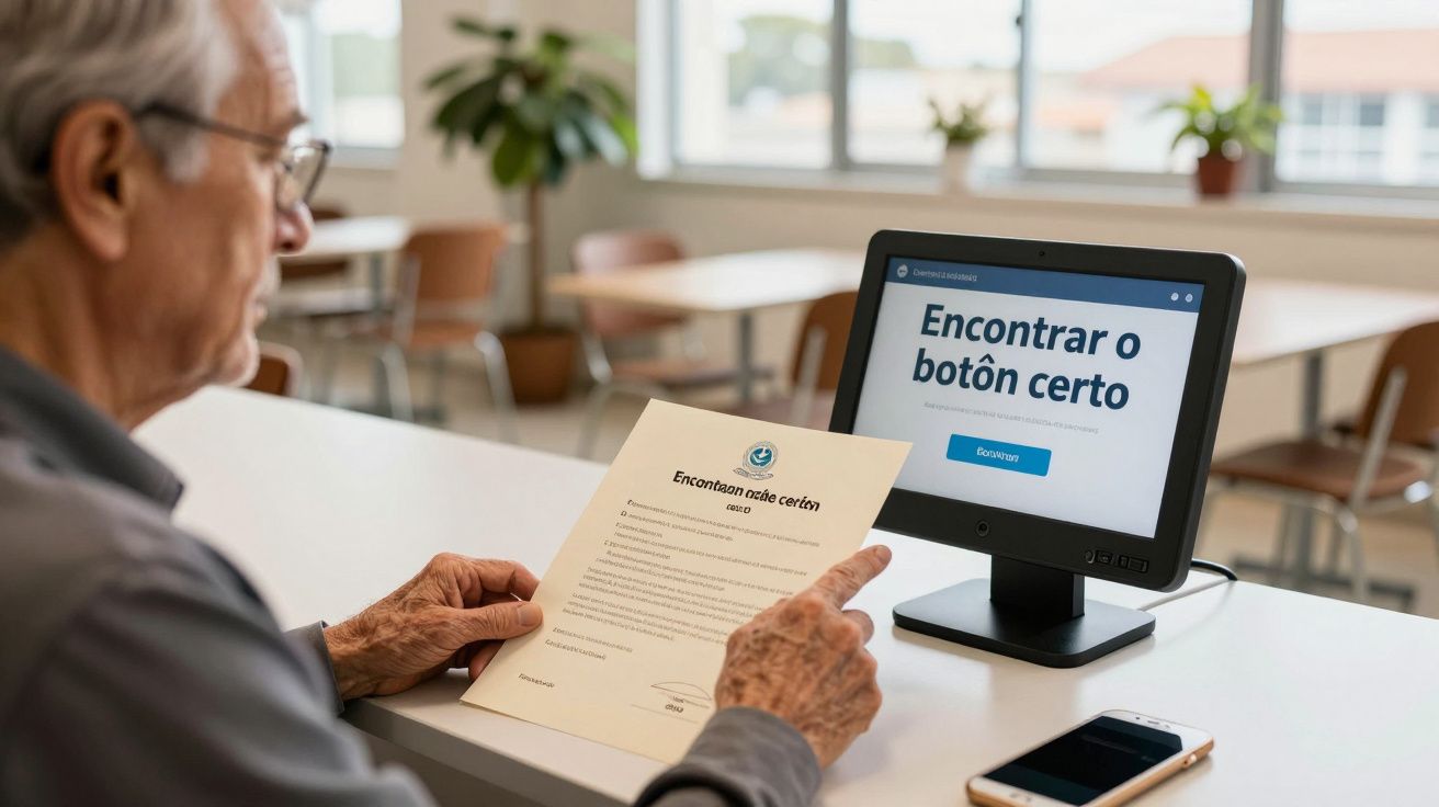 Idoso segura um documento e olha para um monitor com o texto "Encontrar o botón certo" numa sala com mesas e cadeiras.
