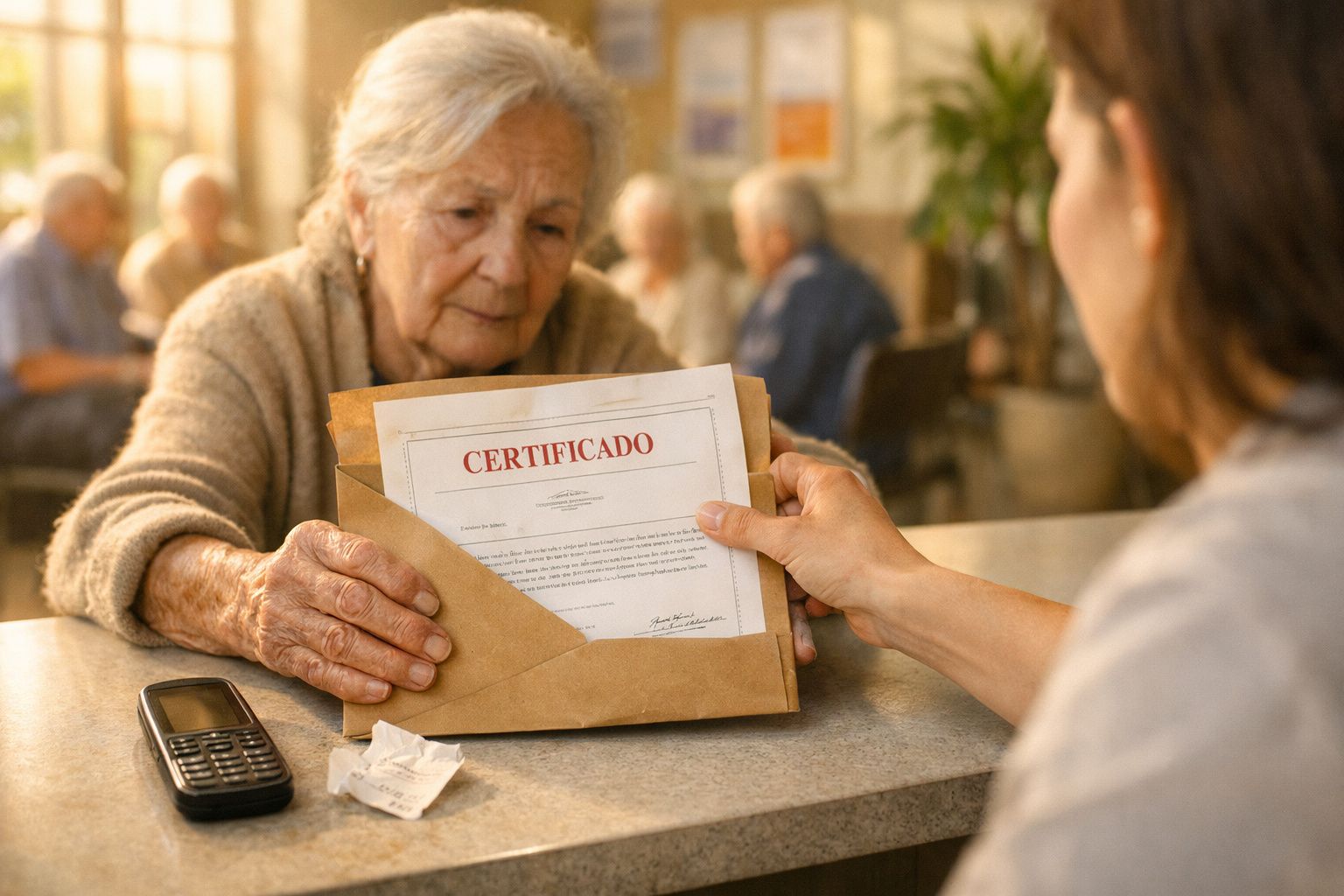 Pessoa segurando envelope com "CERTIFICADO" numa sala, enquanto outras pessoas trabalham ao computador.