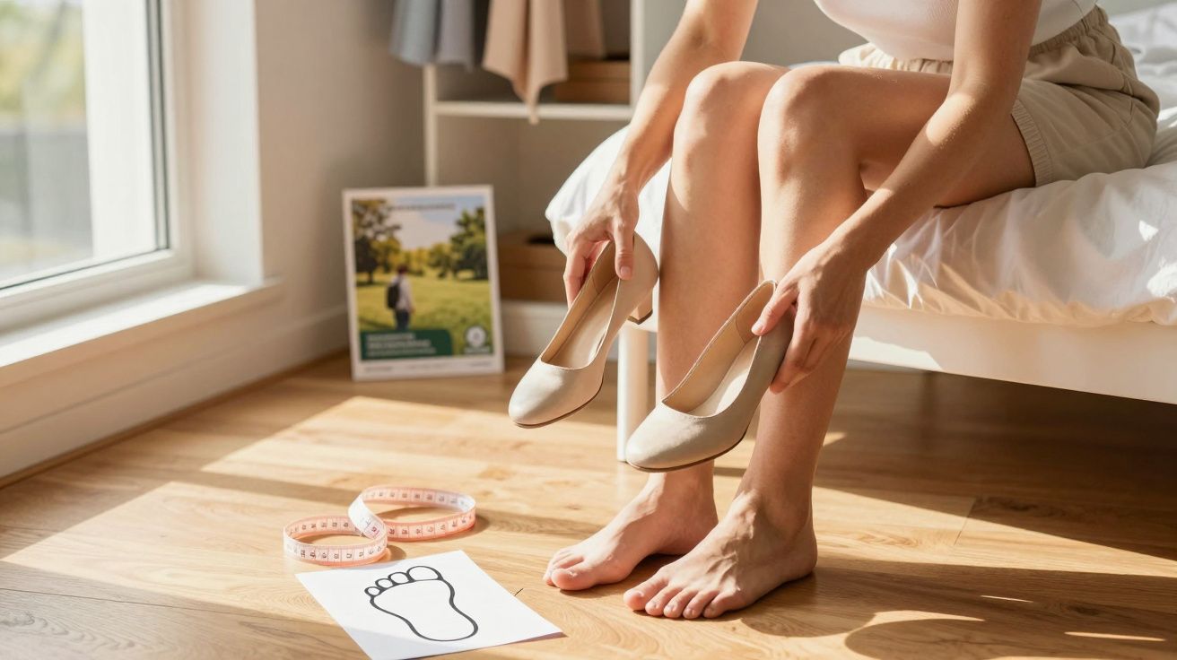 Mulher sentada na cama calçando sapato nude, com fita métrica e folha com desenho de pé no chão.