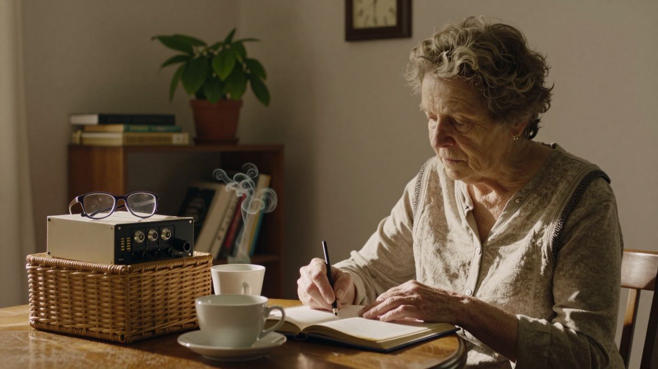 Idosa escreve num caderno numa mesa com rádio, chávena e planta ao fundo.