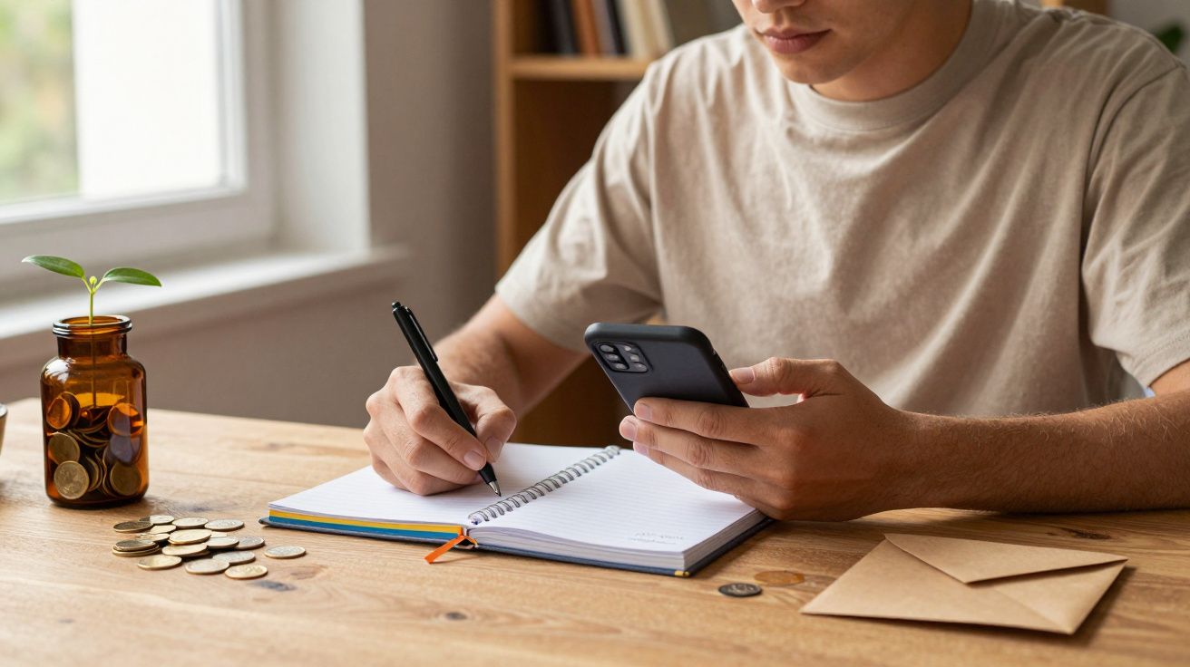 Jovem sentado a uma mesa escrevendo num caderno e segurando um telemóvel, com moedas e uma planta ao lado.