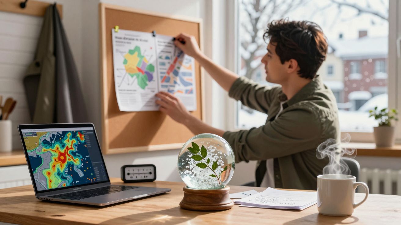 Homem a fixar mapa num quadro de avisos; laptop com mapa, globo e caneca de café na mesa.