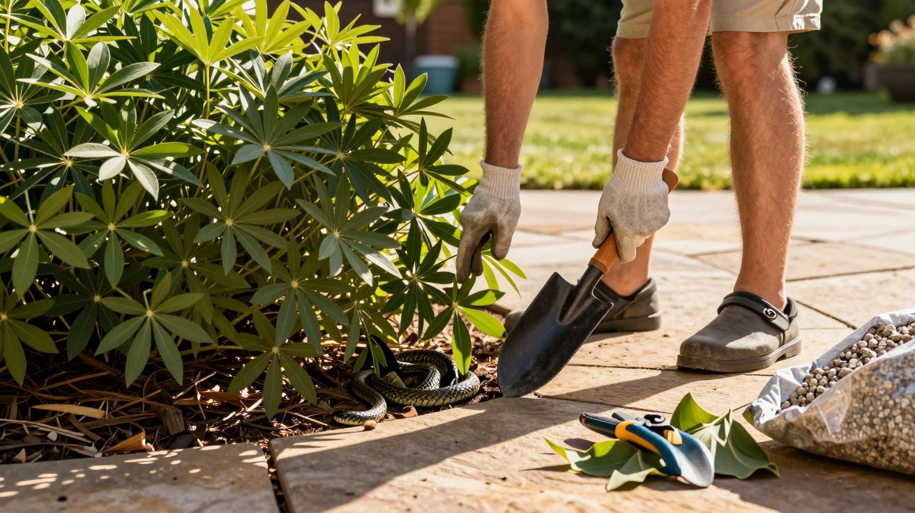 Pessoa jardinando com pá perto de arbusto, serpente no solo, ferramentas e pedras no chão.