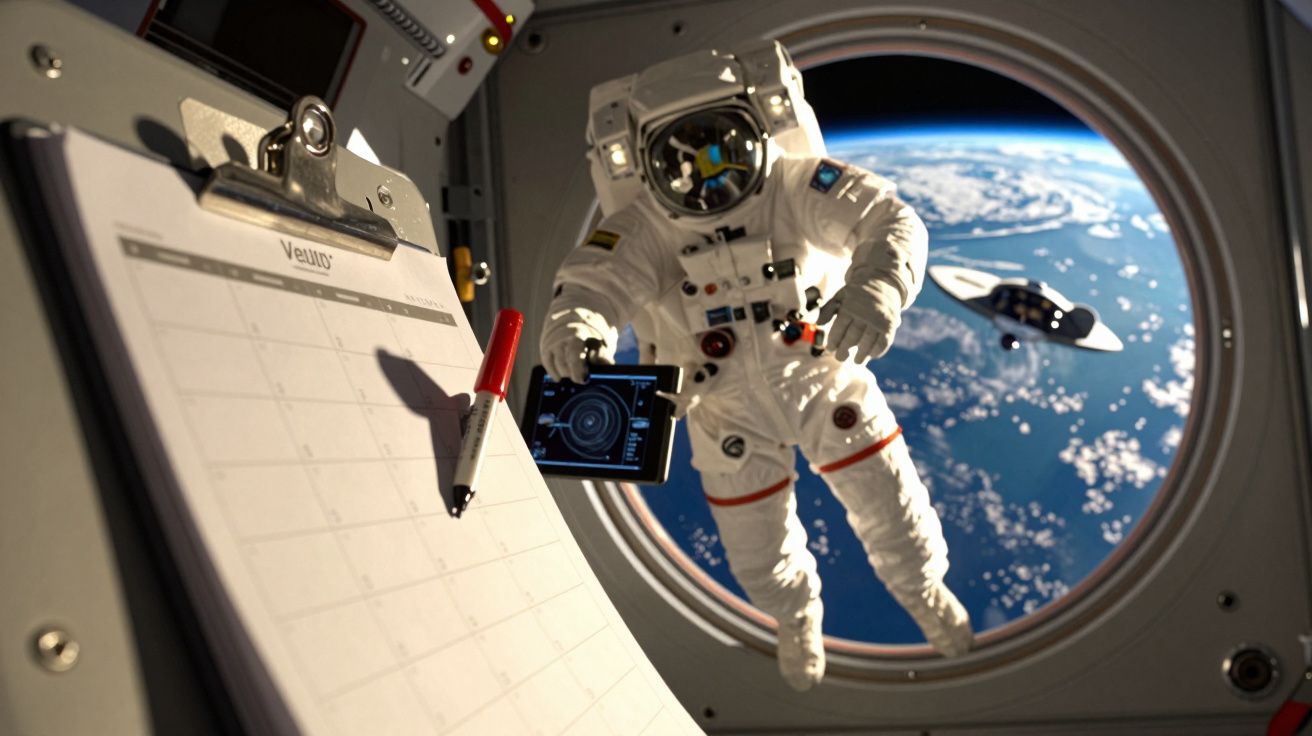 Astronauta flutuando no espaço, visto através de uma janela, com a Terra ao fundo e uma nave espacial próxima.