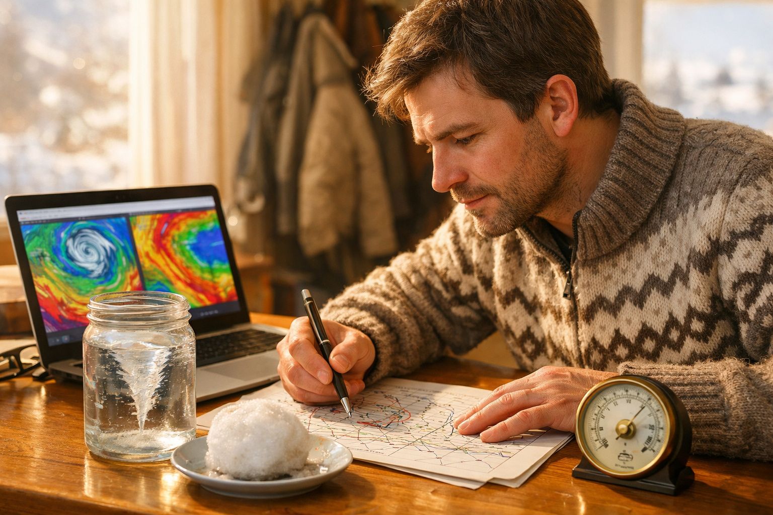 Pessoa analisa mapas meteorológicos coloridos numa mesa, com portátil ao lado. A neve é visível pela janela.