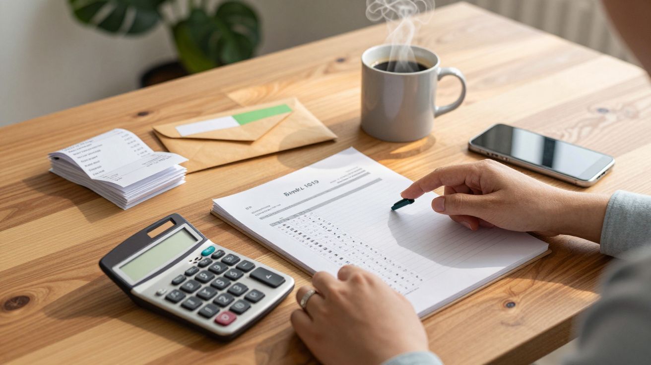 Pessoa a calcular finanças na mesa, com calculadora, caneta, folha de despesas, chávena de café e telefone.