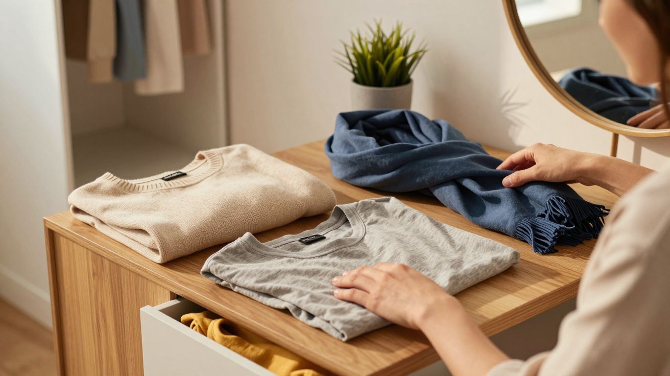 Pessoa organiza camisolas e cachecol numa cómoda de madeira ao lado de um espelho e uma planta decorativa.