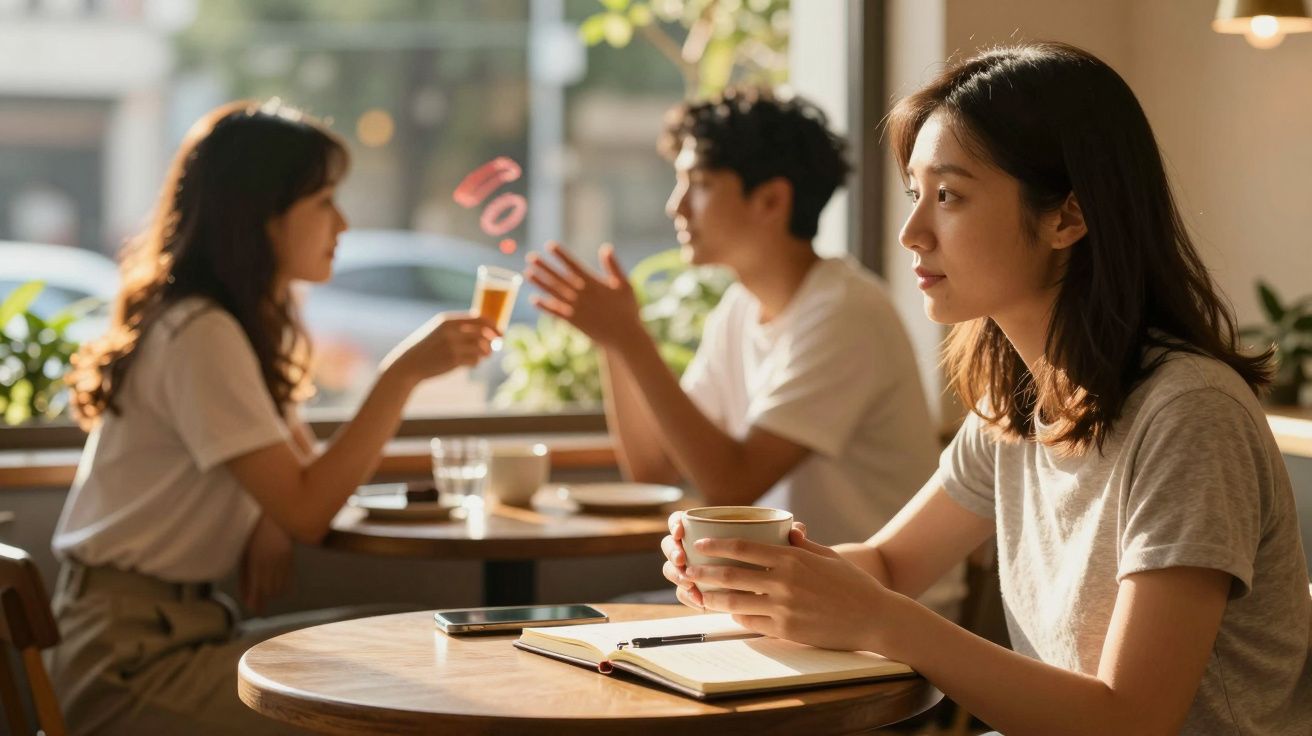 Mulher sentada em café com chá e caderno, observando casal a conversar na mesa ao lado, luz natural entra pela janela.