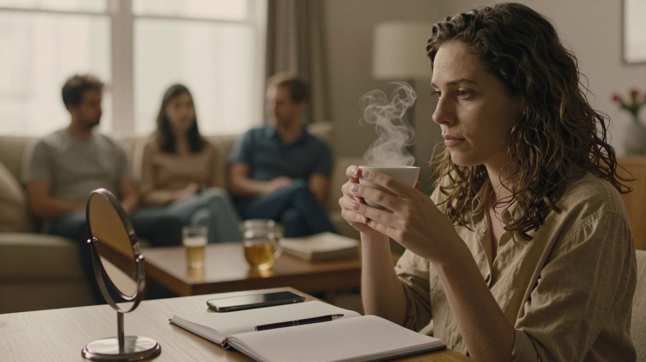 Mulher pensativa segura chá fumegante ao lado de um caderno, com três pessoas desfocadas ao fundo numa sala.