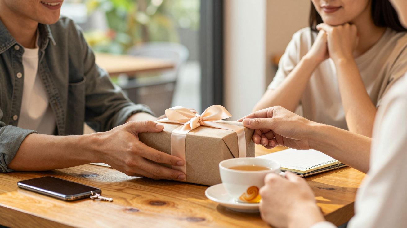 Duas pessoas trocam um presente embrulhado e atado com laço, com chá e bloco de notas ao fundo.