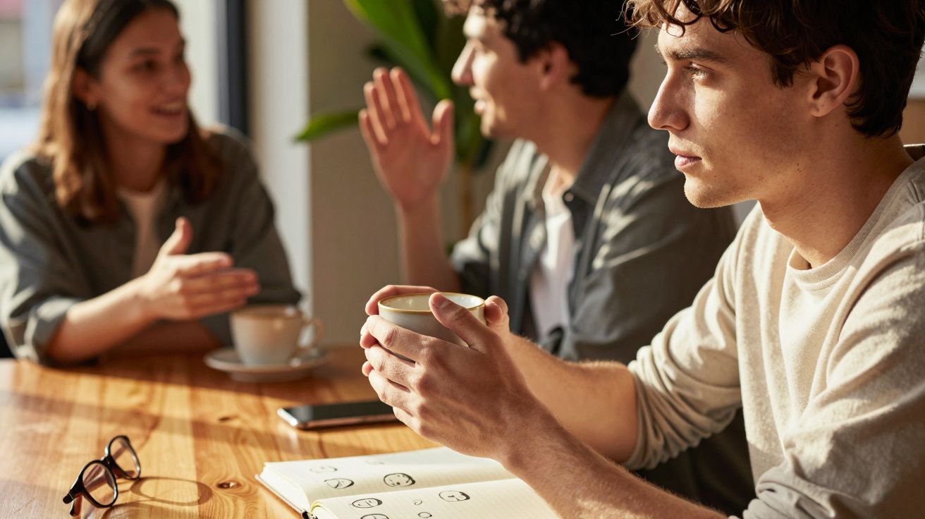 Três pessoas numa conversa, numa mesa de café com cadernos, óculos e chávenas de café.