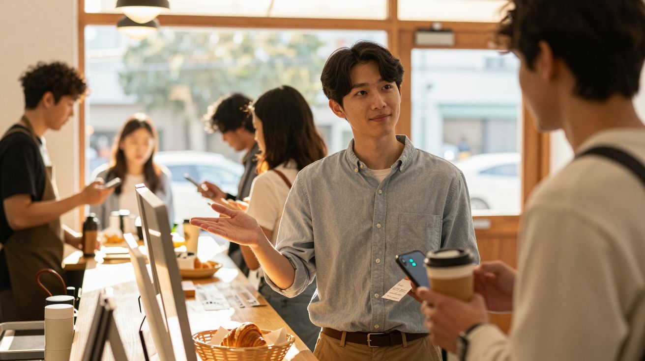 Homem conversa com cliente em café moderno, segurando smartphone e chávena. Pessoas ao fundo servem e interagem.