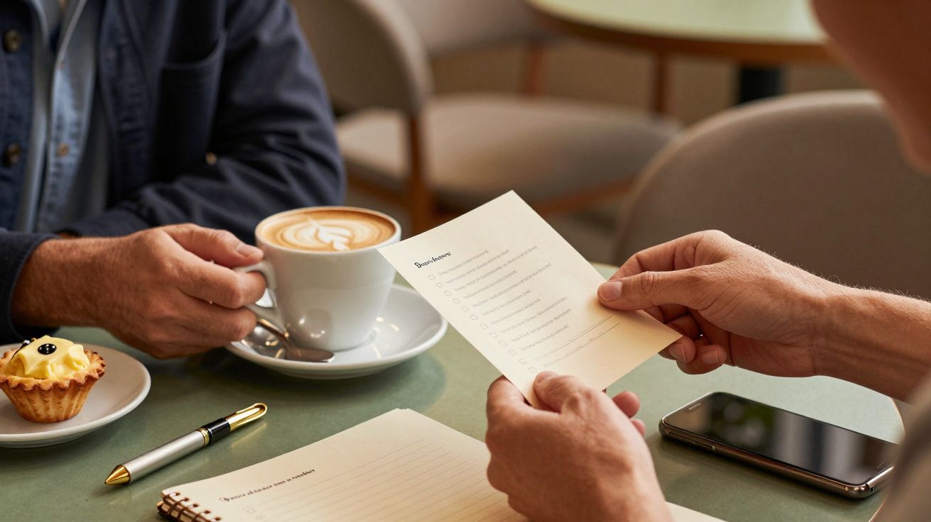 Duas pessoas numa mesa de café, uma segura uma lista, a outra um café com espuma. Bloco de notas e caneta ao lado.